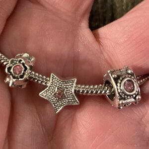 Charms- for bracelet (3) Silver like Baby Pink, Morgan light like stones, nwt